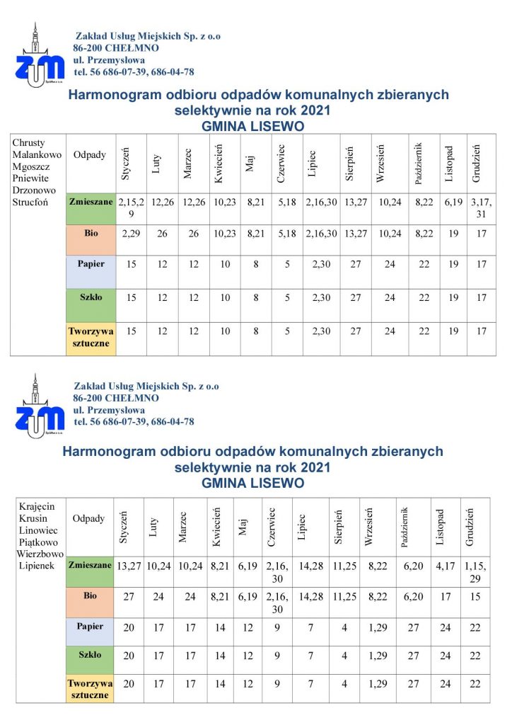 tabela - harmonogram wywozu odpadów komunalnych - dla poszczególnych miejscowośći w Gminie Lisewo
