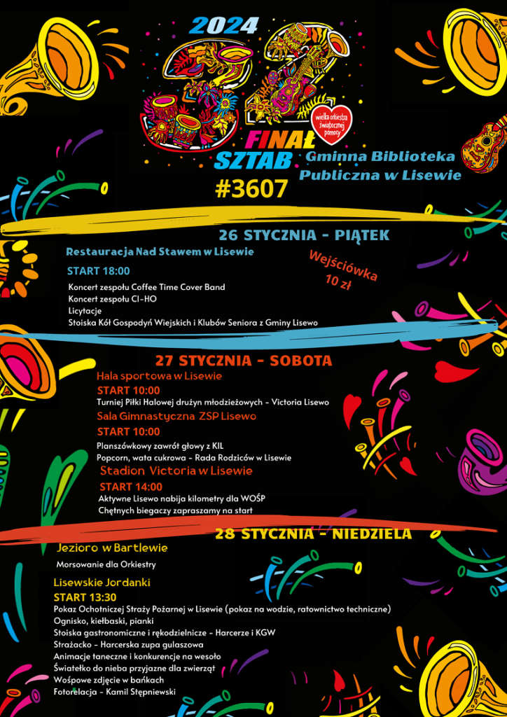 Plakat informacyjny dotyczący finału wilekiej Orkiestry Świątecznej Pomocy w gminie Lisewo
