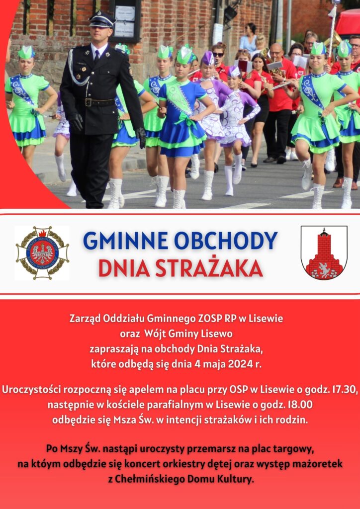 Plakat informacyjna dotyczący obchodów dnia strażaka w Gmine Lisewo